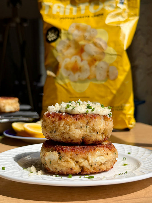 Cacio e Pepe Crab Cakes made with crushed Cacio e Pepe Tantos