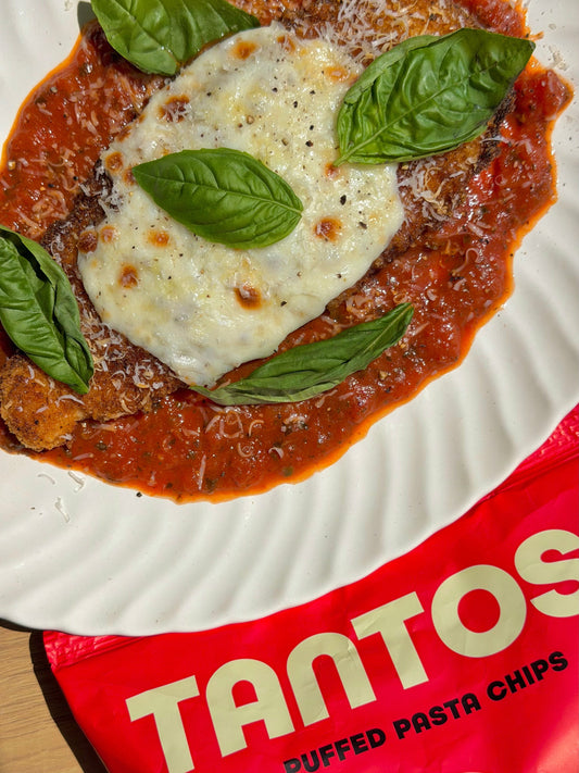 Marinara Chicken Cutlets made with a Marinara Tantos crust, topped with melted mozzarella
