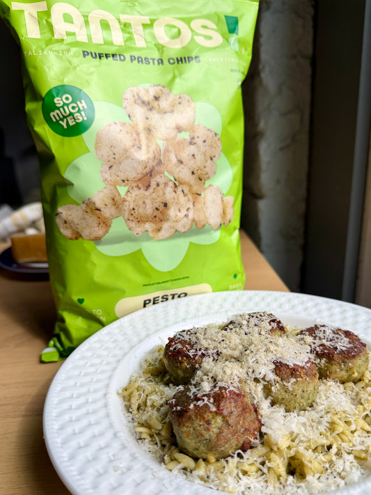 Pesto Meatballs made with crushed Pesto Tantos