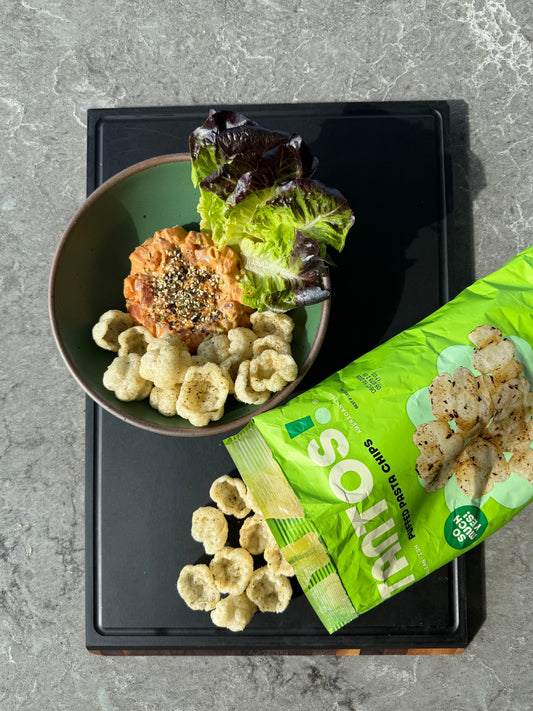 Salmon and tuna poke in Little Gem lettuce cups with Pesto Tantos
